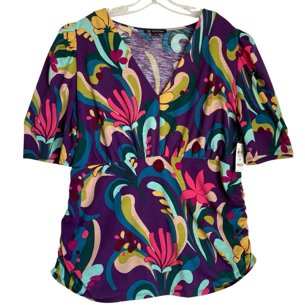 Inc.International Concepts Top Blouse 2X Floral V Neck Half Sleeve Ruched NWT